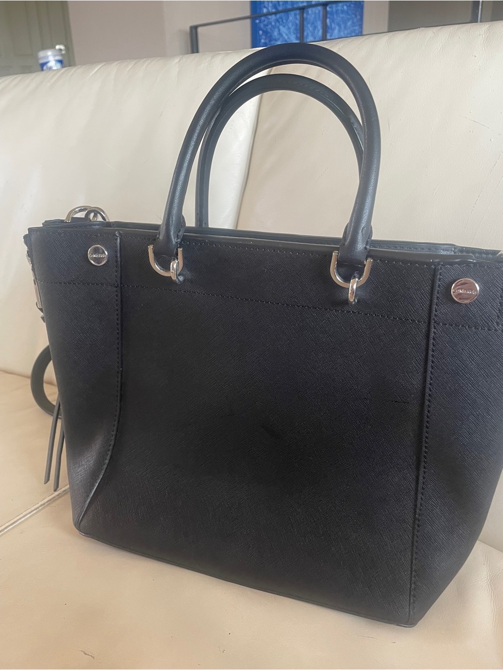 Calvin Klein Black Leather Satchel with Silver Hardware - Elegant & Understated.